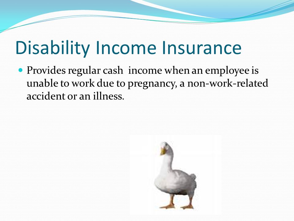 Disability Income Insurance Provides regular cash income when an employee is unable to work due to pregnancy, a non-work-related accident or an illness.