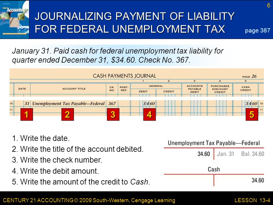 CENTURY 21 ACCOUNTING © 2009 South-Western, Cengage Learning 6 LESSON 13-4 JOURNALIZING PAYMENT OF LIABILITY FOR FEDERAL UNEMPLOYMENT TAX page 387 January 31.