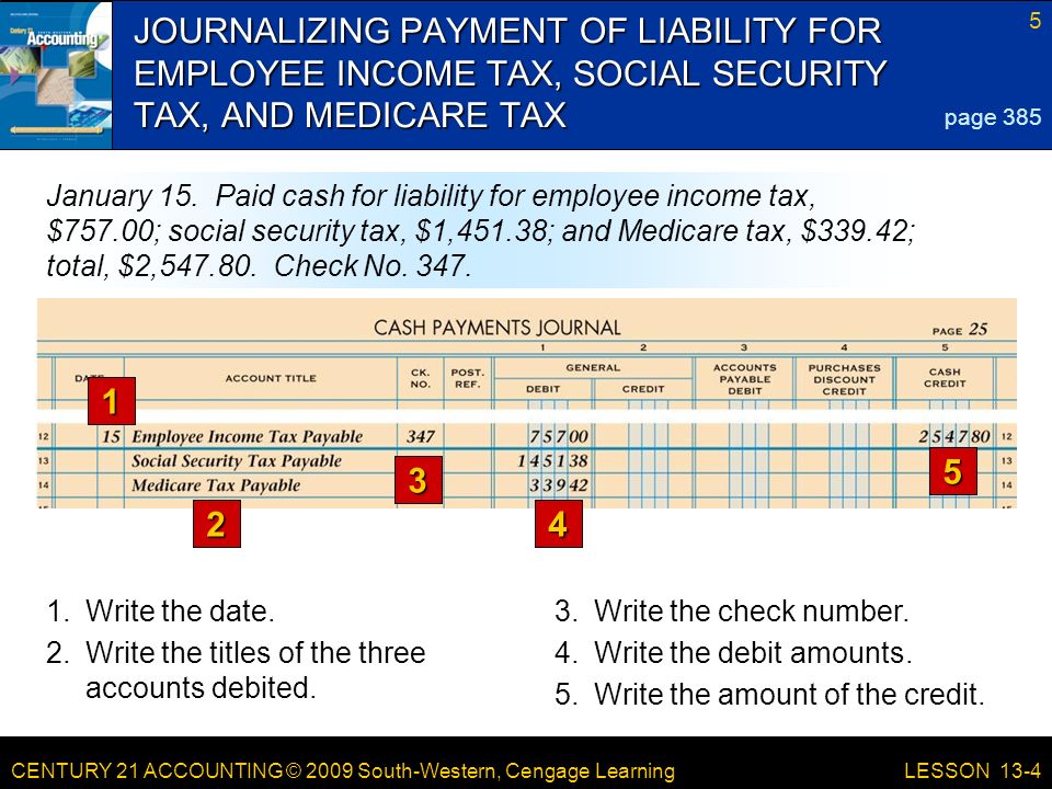 CENTURY 21 ACCOUNTING © 2009 South-Western, Cengage Learning 5 LESSON 13-4 JOURNALIZING PAYMENT OF LIABILITY FOR EMPLOYEE INCOME TAX, SOCIAL SECURITY TAX, AND MEDICARE TAX page 385 January 15.