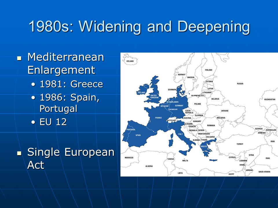 1980s: Widening and Deepening Mediterranean Enlargement Mediterranean Enlargement 1981: Greece1981: Greece 1986: Spain, Portugal1986: Spain, Portugal EU 12EU 12 Single European Act Single European Act