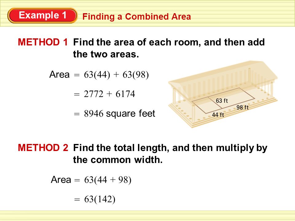Example 1 Finding a Combined Area 2772 = square feet = Area 63(44) = +63(98) METHOD 1Find the area of each room, and then add the two areas.