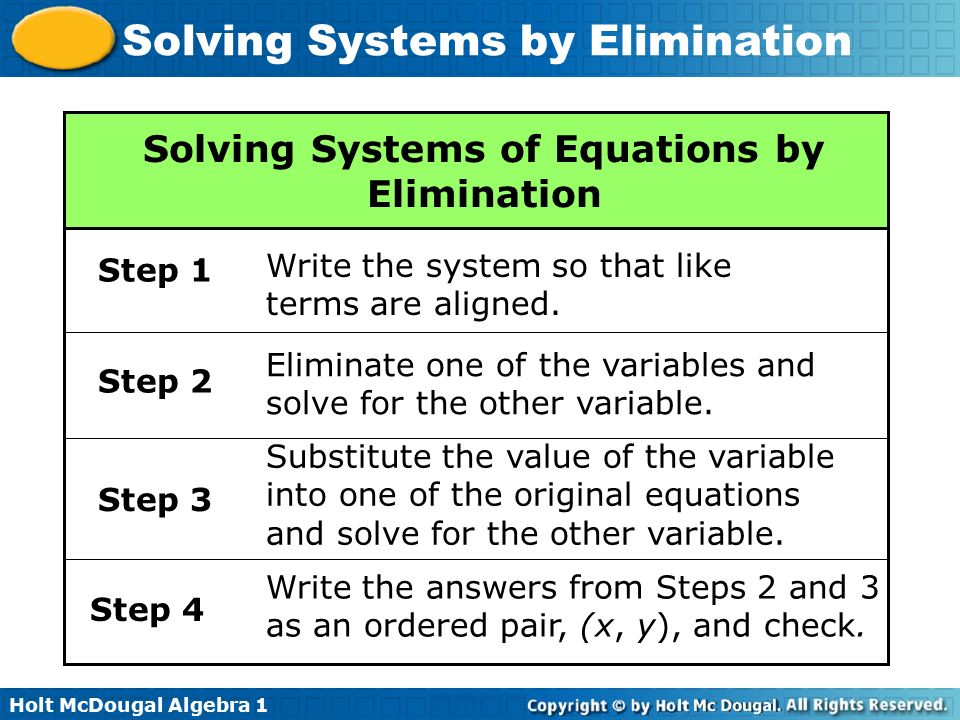 Algebra Steps Solving Equations Talkchannels Holt Mcdougal Algebra 1 Solving Systems By Elimination Solve Equations Two Step