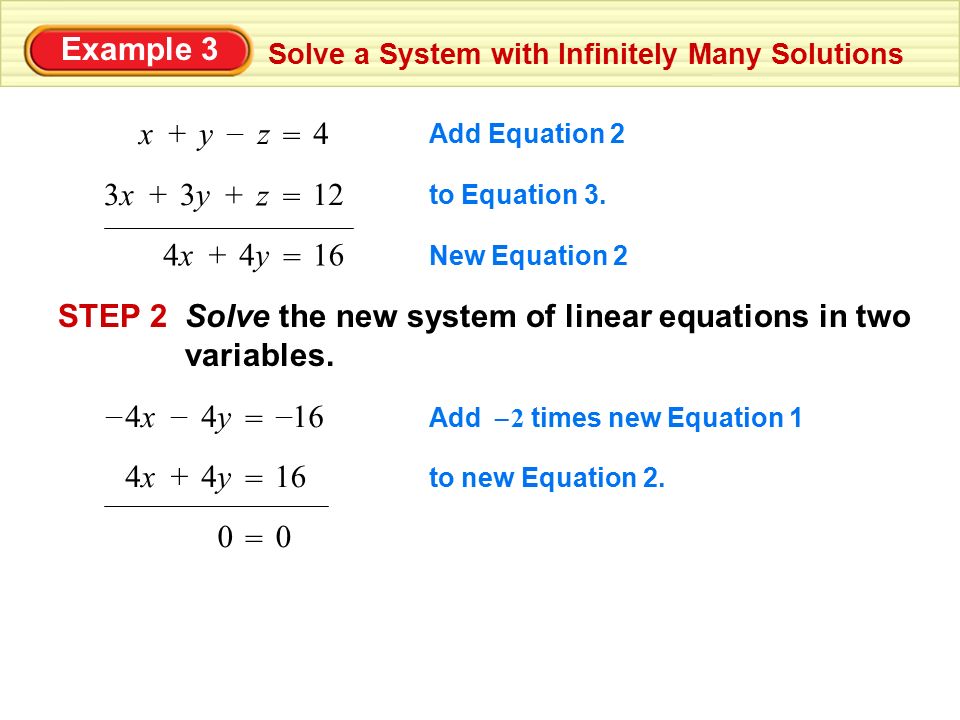 Example 3 Solve a System with Infinitely Many Solutions Add Equation 2 New Equation 2 164y4y4x4x = + 4yx = +z – to Equation 3.