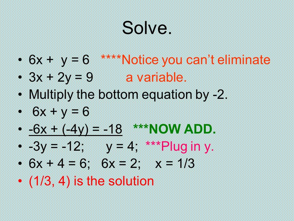 Solve. 6x + y = 6 ****Notice you can’t eliminate 3x + 2y = 9 a variable.