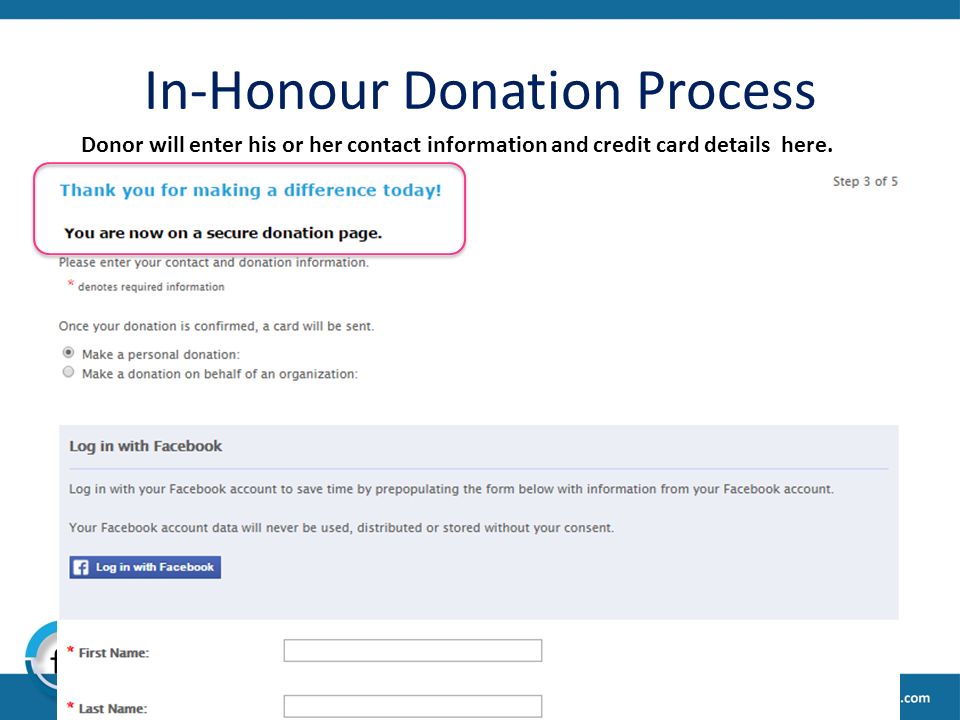 In-Honour Donation Process Donor will enter his or her contact information and credit card details here.