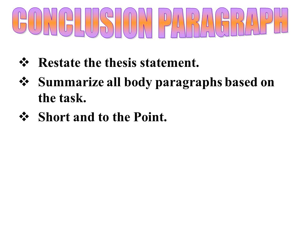  Restate the thesis statement.  Summarize all body paragraphs based on the task.