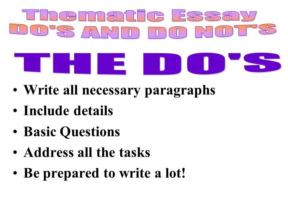 Write all necessary paragraphs Include details Basic Questions Address all the tasks Be prepared to write a lot!