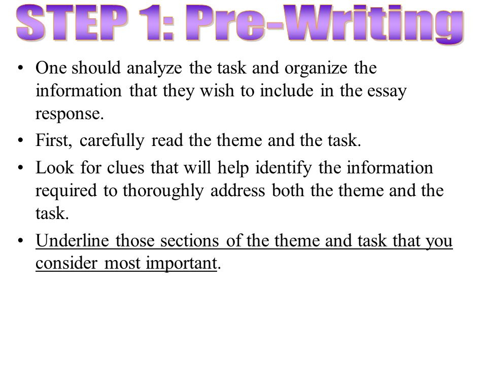 One should analyze the task and organize the information that they wish to include in the essay response.