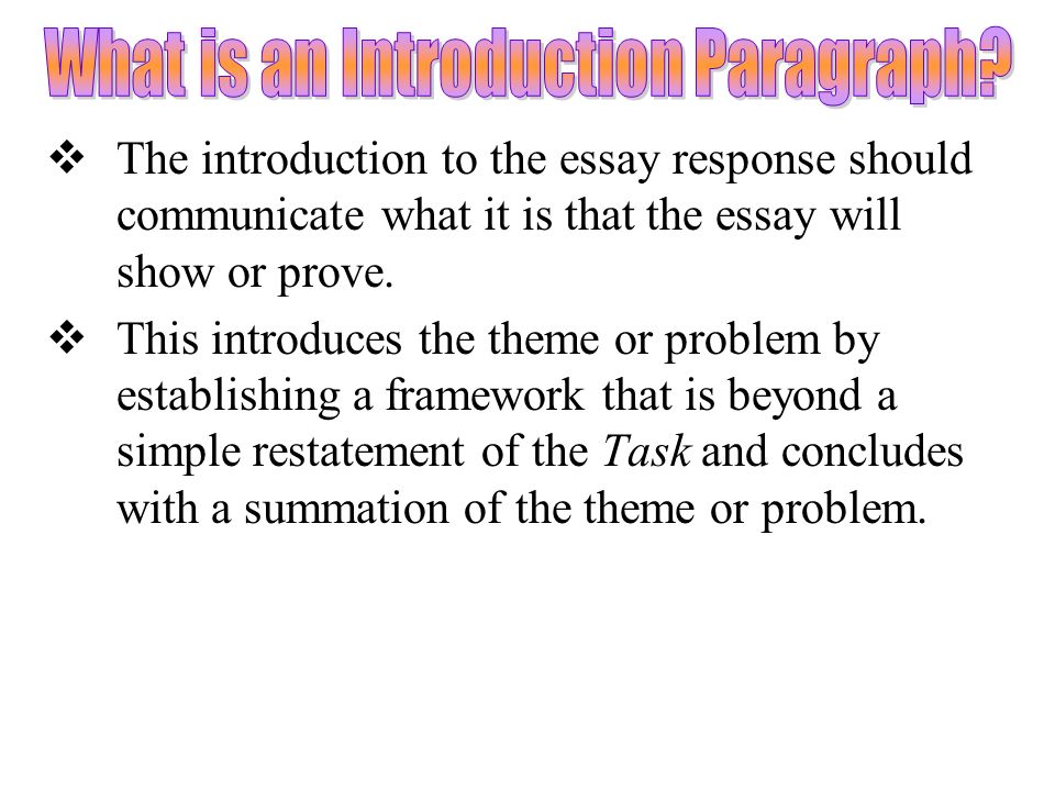  The introduction to the essay response should communicate what it is that the essay will show or prove.
