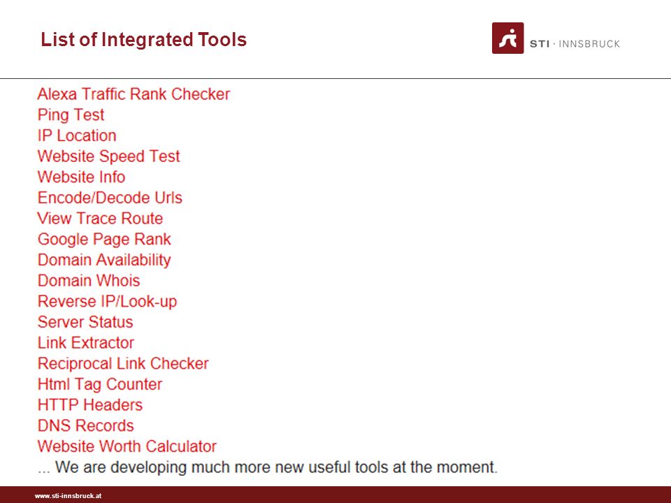 List of Integrated Tools