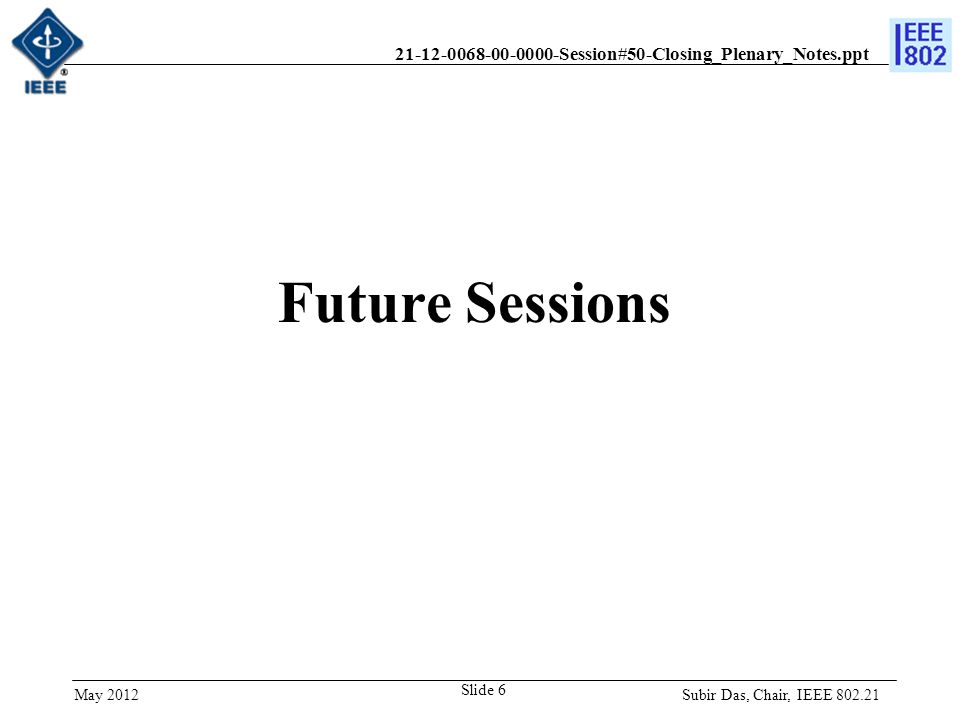 Session#50-Closing_Plenary_Notes.ppt Future Sessions Subir Das, Chair, IEEE May 2012 Slide 6