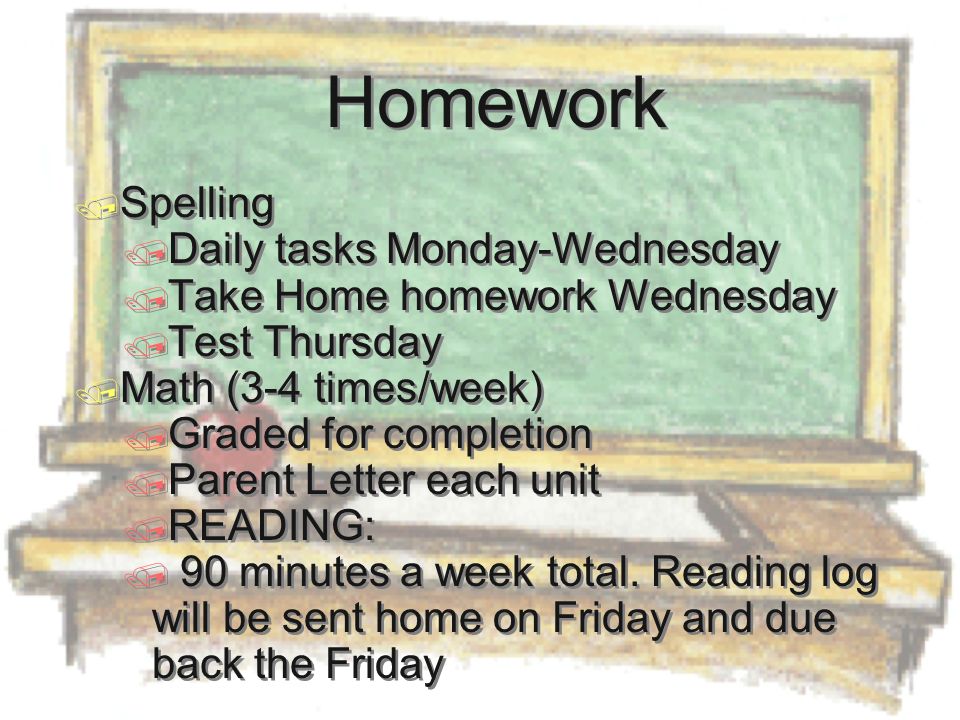 Homework  Spelling  Daily tasks Monday-Wednesday  Take Home homework Wednesday  Test Thursday  Math (3-4 times/week)  Graded for completion  Parent Letter each unit  READING:  90 minutes a week total.