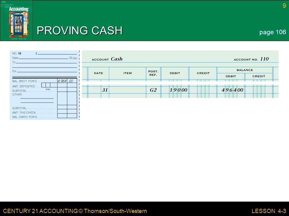 CENTURY 21 ACCOUNTING © Thomson/South-Western 9 LESSON 4-3 PROVING CASH page 106