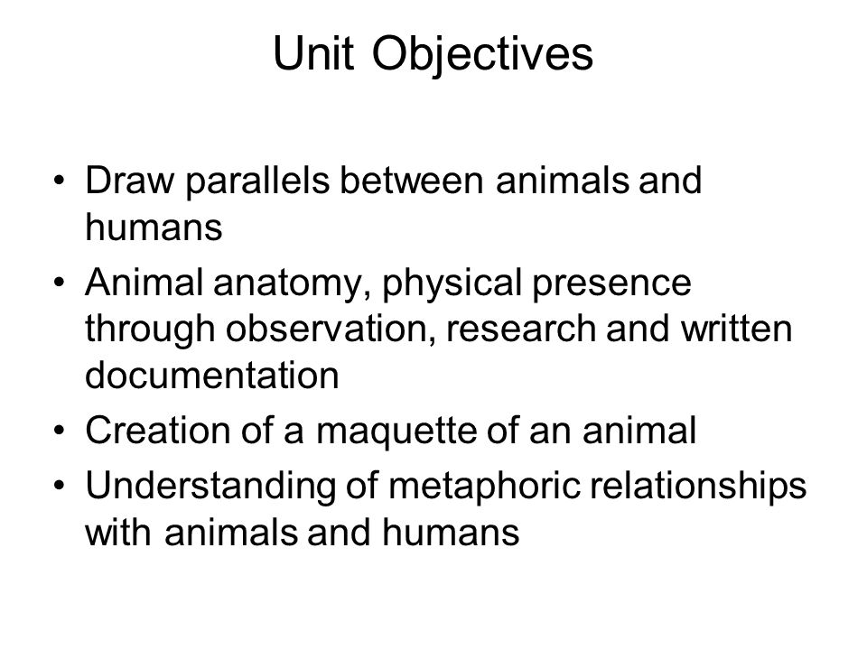 Unit Objectives Draw parallels between animals and humans Animal anatomy, physical presence through observation, research and written documentation Creation of a maquette of an animal Understanding of metaphoric relationships with animals and humans