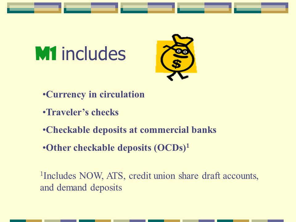 M1 includes Currency in circulation Traveler’s checks Checkable deposits at commercial banks Other checkable deposits (OCDs) 1 1 Includes NOW, ATS, credit union share draft accounts, and demand deposits
