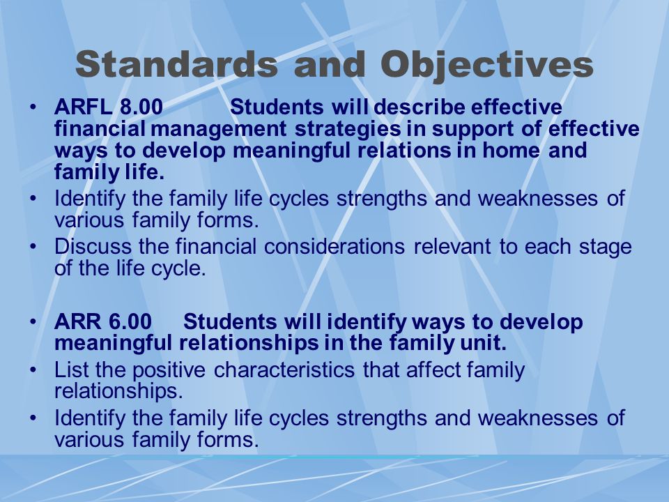 Standards and Objectives ARFL 8.00 Students will describe effective financial management strategies in support of effective ways to develop meaningful relations in home and family life.