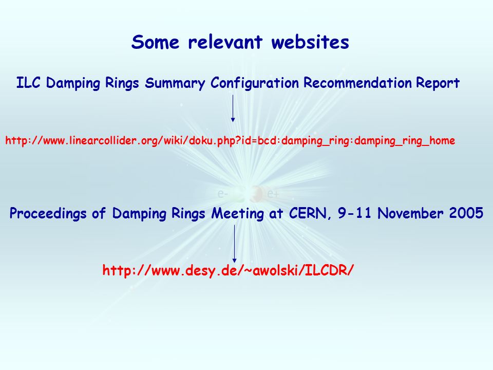 Proceedings of Damping Rings Meeting at CERN, 9-11 November ILC Damping Rings Summary Configuration Recommendation Report Some relevant websites   id=bcd:damping_ring:damping_ring_home