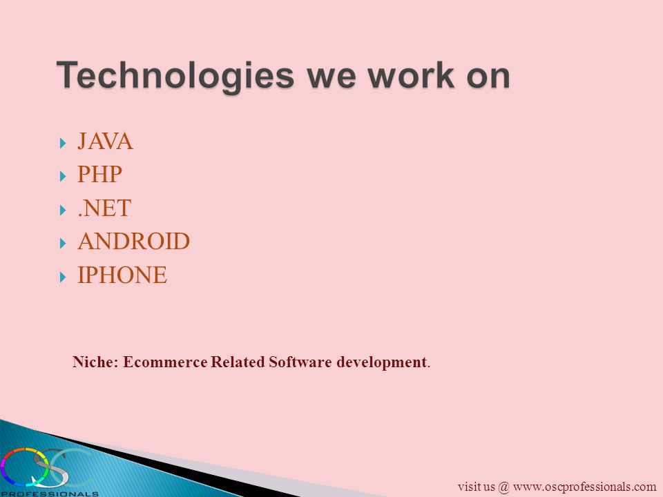  JAVA  PHP .NET  ANDROID  IPHONE Niche: Ecommerce Related Software development.