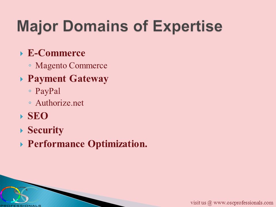  E-Commerce ◦ Magento Commerce  Payment Gateway ◦ PayPal ◦ Authorize.net  SEO  Security  Performance Optimization.