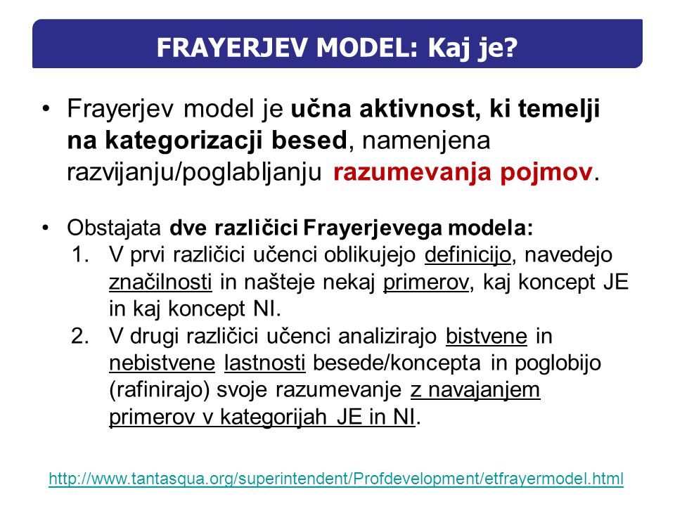 Frayerjev model je učna aktivnost, ki temelji na kategorizacji besed, namenjena razvijanju/poglabljanju razumevanja pojmov.