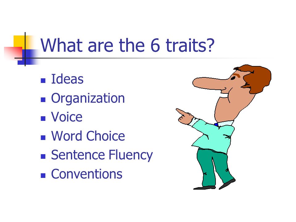 What are the 6 traits Ideas Organization Voice Word Choice Sentence Fluency Conventions