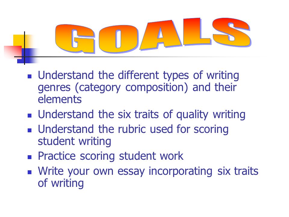 Understand the different types of writing genres (category composition) and their elements Understand the six traits of quality writing Understand the rubric used for scoring student writing Practice scoring student work Write your own essay incorporating six traits of writing