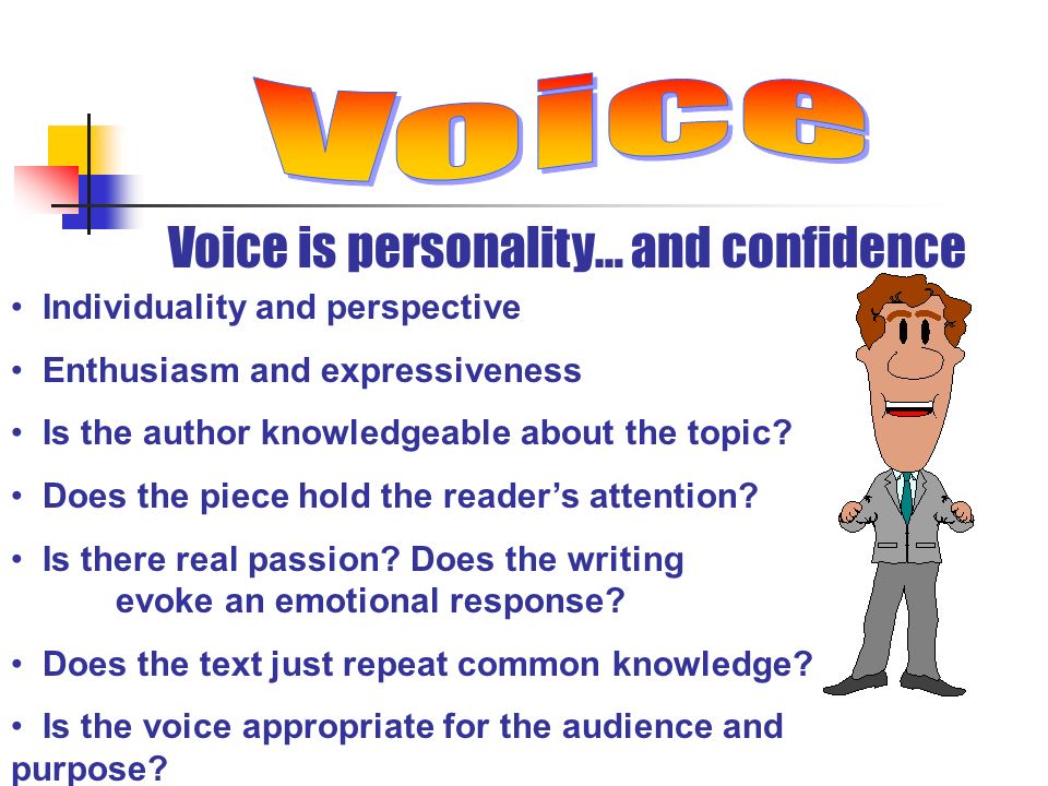 Voice is personality… and confidence Individuality and perspective Enthusiasm and expressiveness Is the author knowledgeable about the topic.