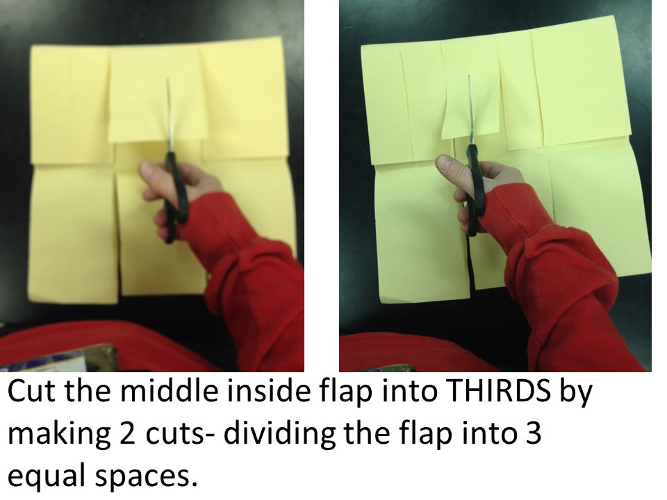 Cut the middle inside flap into THIRDS by making 2 cuts- dividing the flap into 3 equal spaces.