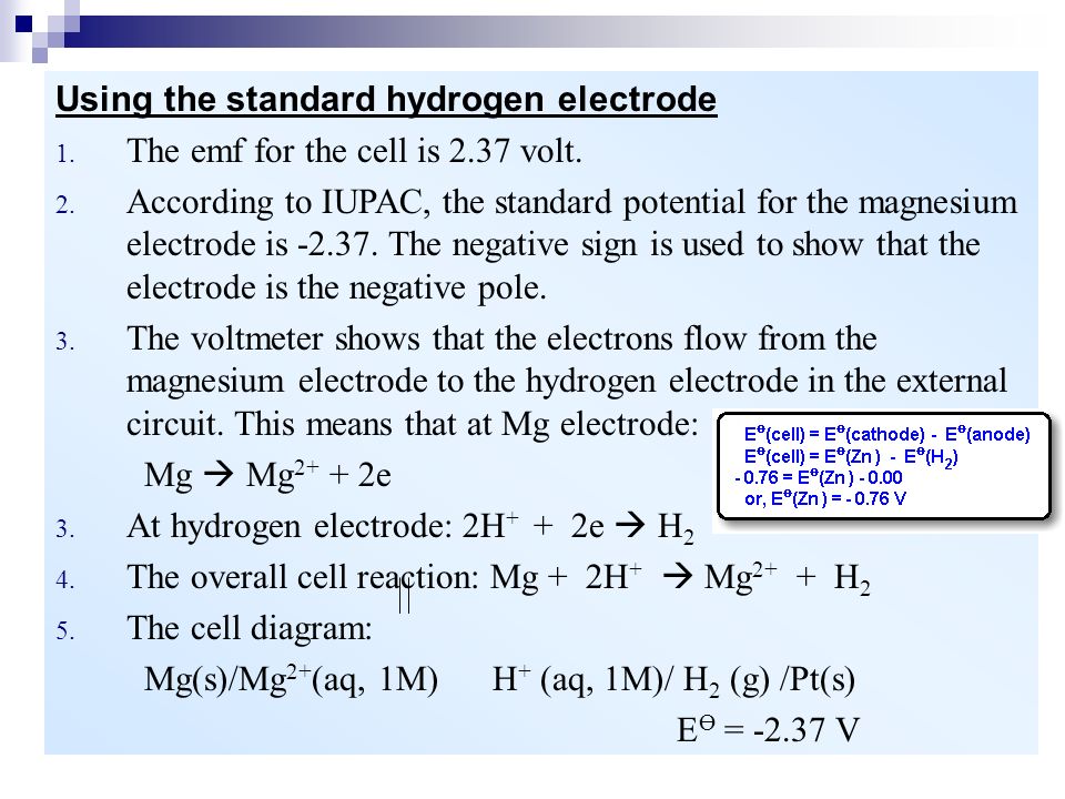 Electrochemistry Physical Chemistry Daniel Cell 1 Using The Standard Hydrogen Electrode 1 Emf For Cell Is 2 37 Volt