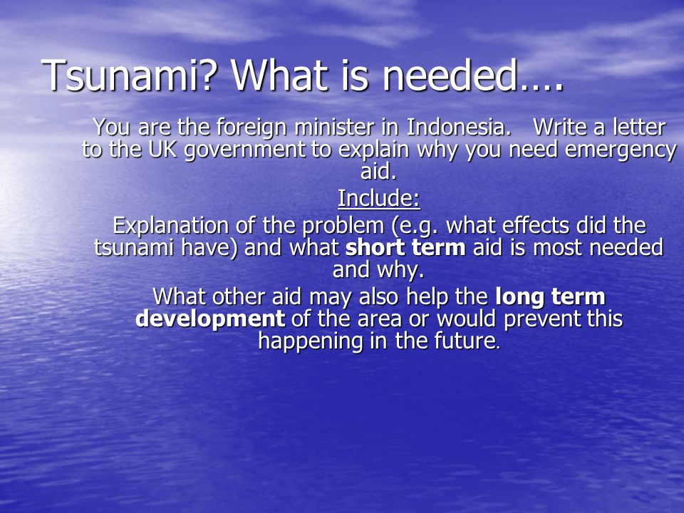 Tsunami. What is needed…. You are the foreign minister in Indonesia.