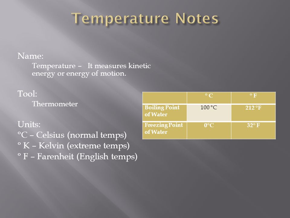 Name: Temperature – It measures kinetic energy or energy of motion.