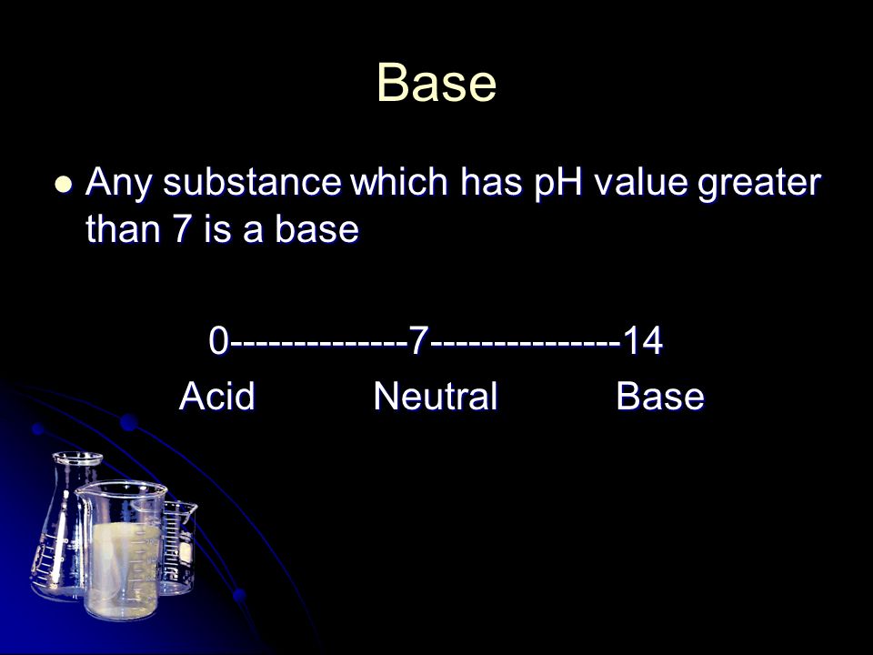 Base Any substance which has pH value greater than 7 is a base Any substance which has pH value greater than 7 is a base Acid Neutral Base Acid Neutral Base