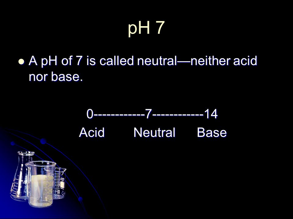 pH 7 A pH of 7 is called neutral—neither acid nor base.