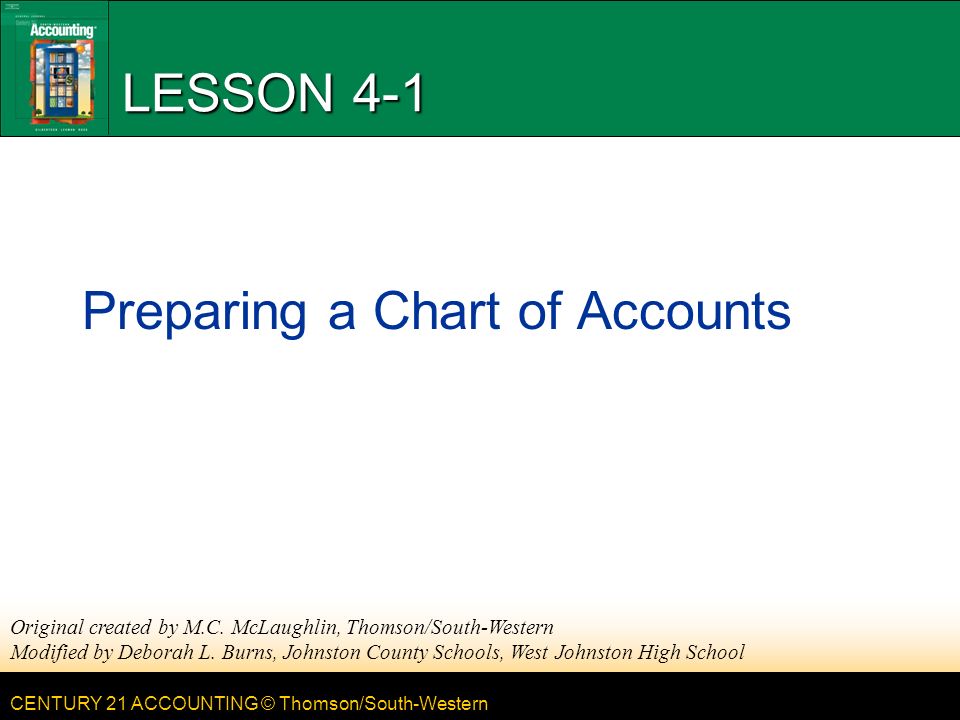 CENTURY 21 ACCOUNTING © Thomson/South-Western LESSON 4-1 Preparing a Chart of Accounts Original created by M.C.
