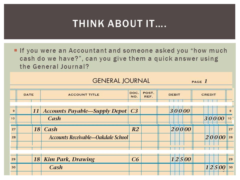  If you were an Accountant and someone asked you how much cash do we have , can you give them a quick answer using the General Journal.