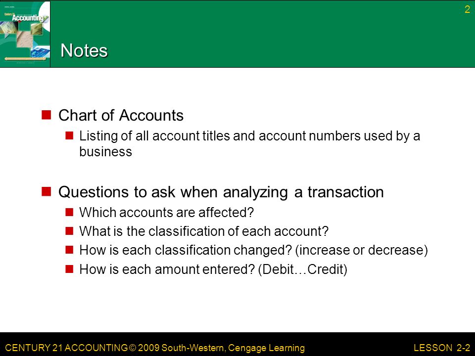 CENTURY 21 ACCOUNTING © 2009 South-Western, Cengage Learning Notes Chart of Accounts Listing of all account titles and account numbers used by a business Questions to ask when analyzing a transaction Which accounts are affected.