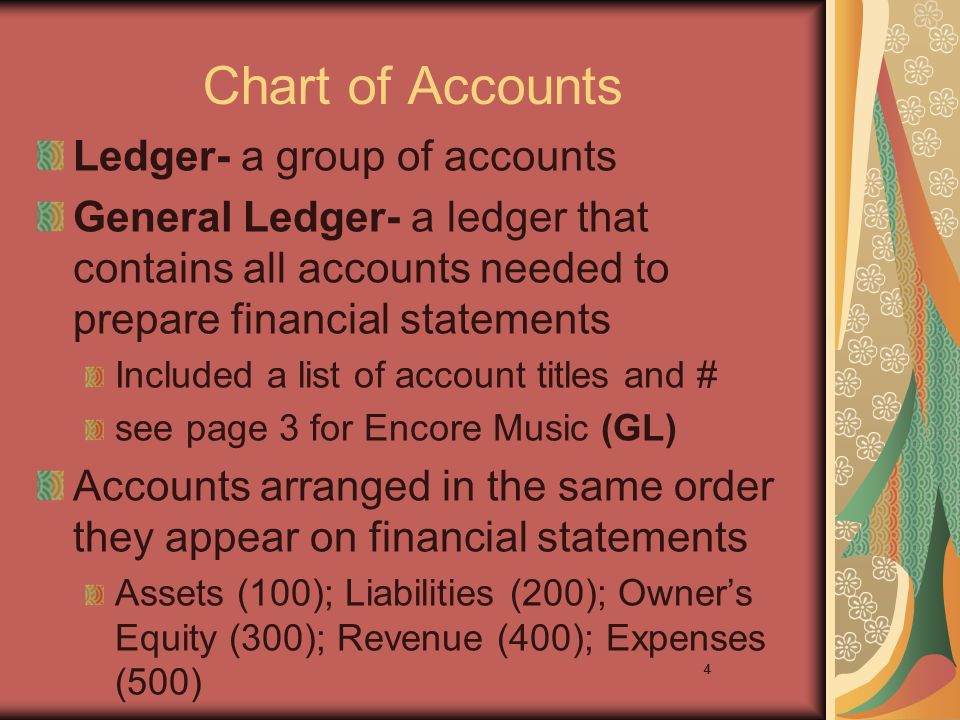 4 Chart of Accounts Ledger- a group of accounts General Ledger- a ledger that contains all accounts needed to prepare financial statements Included a list of account titles and # see page 3 for Encore Music (GL) Accounts arranged in the same order they appear on financial statements Assets (100); Liabilities (200); Owner’s Equity (300); Revenue (400); Expenses (500) 4