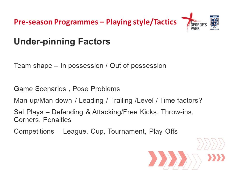 Pre-season Programmes – Playing style/Tactics Under-pinning Factors Team shape – In possession / Out of possession Game Scenarios, Pose Problems Man-up/Man-down / Leading / Trailing /Level / Time factors.