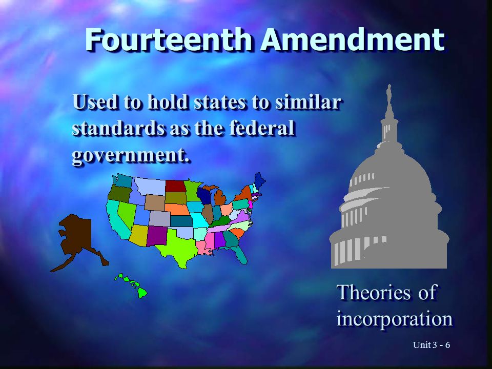 Unit Fourteenth Amendment Used to hold states to similar standards as the federal government.