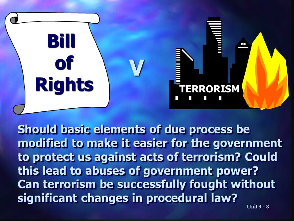 Unit BillofRights V Should basic elements of due process be modified to make it easier for the government to protect us against acts of terrorism.