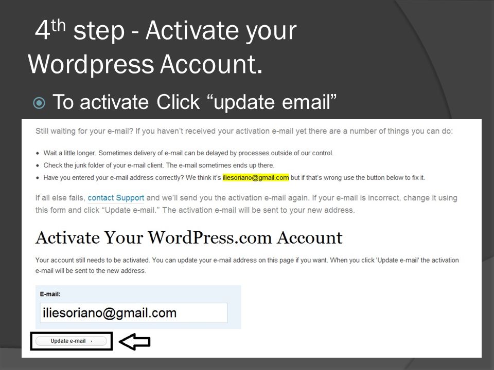 4 th step - Activate your Wordpress Account.  To activate Click update