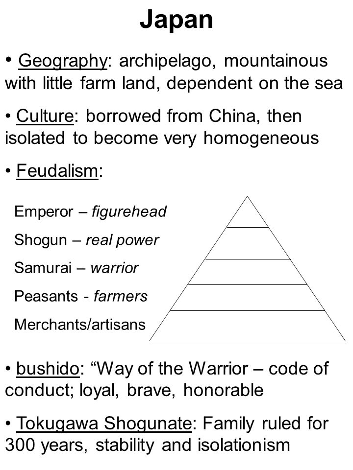 Japan Geography: archipelago, mountainous with little farm land, dependent on the sea Culture: borrowed from China, then isolated to become very homogeneous Feudalism: bushido: Way of the Warrior – code of conduct; loyal, brave, honorable Tokugawa Shogunate: Family ruled for 300 years, stability and isolationism Emperor – figurehead Shogun – real power Samurai – warrior Peasants - farmers Merchants/artisans