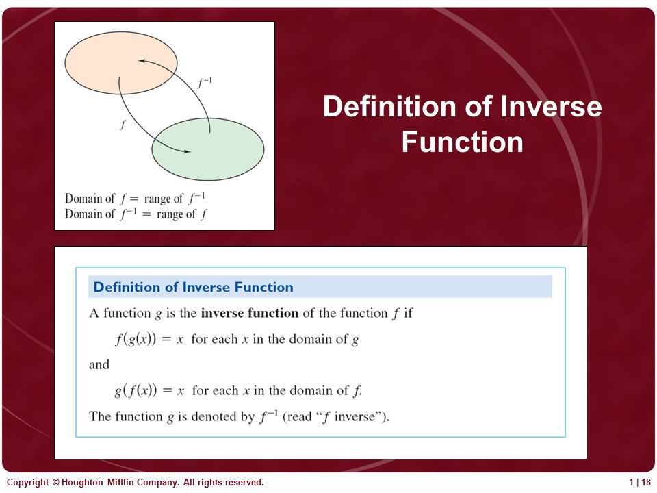 Copyright © Houghton Mifflin Company. All rights reserved. 1 | 18 Definition of Inverse Function