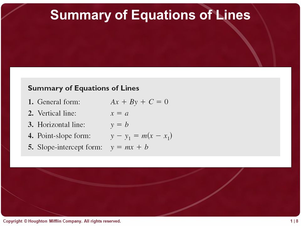 Copyright © Houghton Mifflin Company. All rights reserved. 1 | 8 Summary of Equations of Lines