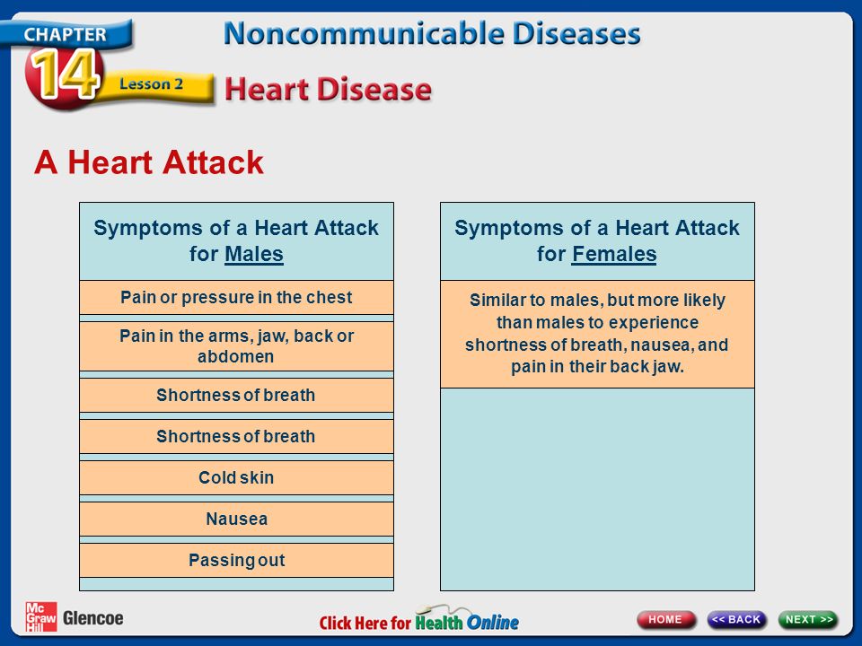 A Heart Attack Symptoms of a Heart Attack for Males Symptoms of a Heart Attack for Females Pain or pressure in the chest Pain in the arms, jaw, back or abdomen Shortness of breath Cold skin Nausea Passing out Similar to males, but more likely than males to experience shortness of breath, nausea, and pain in their back jaw.