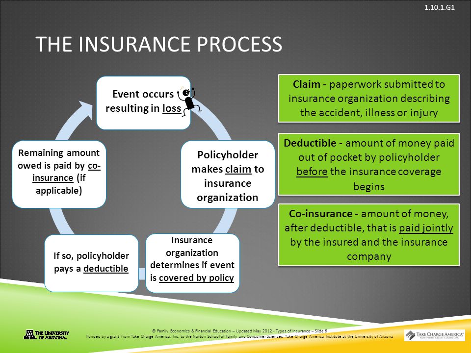 © Family Economics & Financial Education – Updated May 2012 – Types of Insurance – Slide 6 Funded by a grant from Take Charge America, Inc.