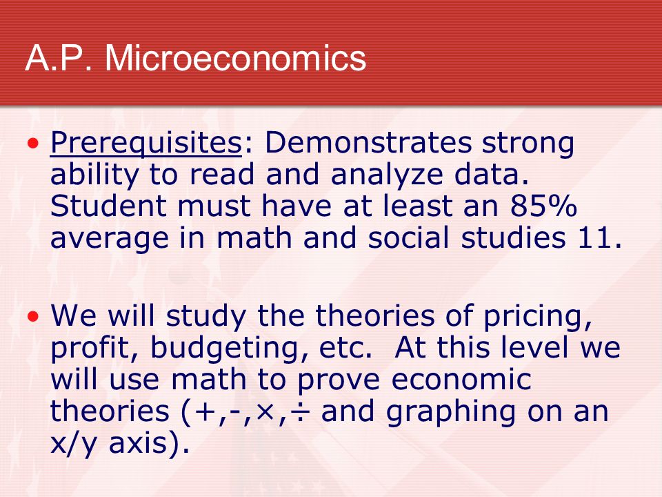 A.P. Microeconomics Prerequisites: Demonstrates strong ability to read and analyze data.
