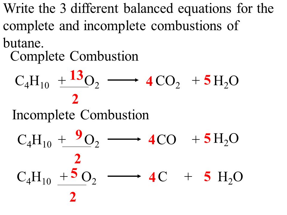 Write the 3 different balanced equations for the complete and incomplete combustions of butane.