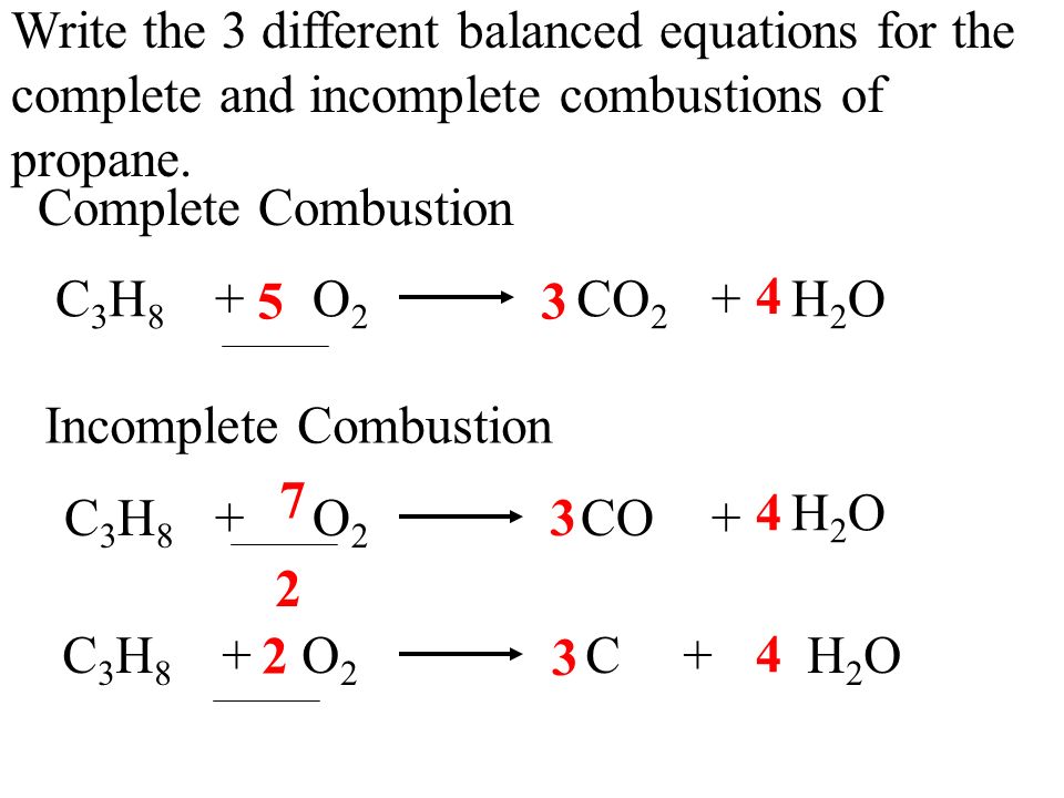 Write the 3 different balanced equations for the complete and incomplete combustions of propane.