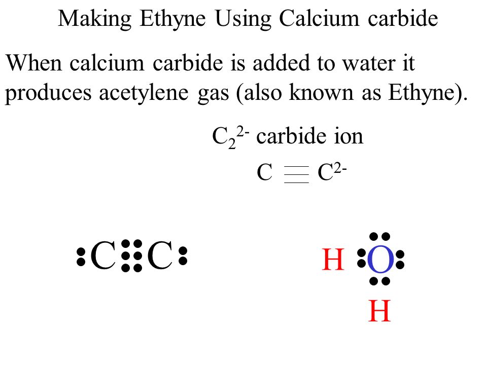 Making Ethyne Using Calcium carbide When calcium carbide is added to water it produces acetylene gas (also known as Ethyne).
